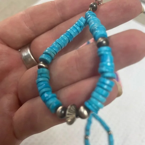 Turquoise Heishi with Sterling Silver Navajo Pearl Beads Earrings - Picture 2 of 6